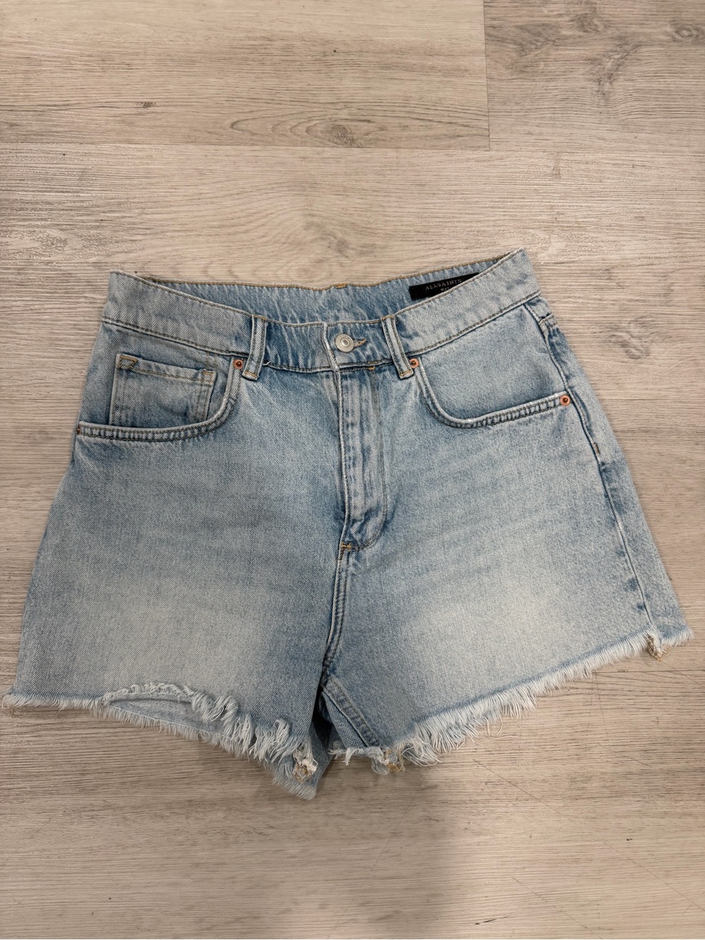 All Saints Light Wash Frayed Hem Denim Shorts